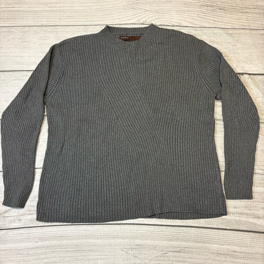 Perry‎ Ellis Gray Ribbed Knit Sweater Crew Neck Long Sleeve Size XL
